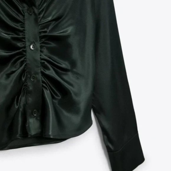 Zara Scrunched Pleated Satin Effect Shirt Bottle Green - Picture 5 of 7